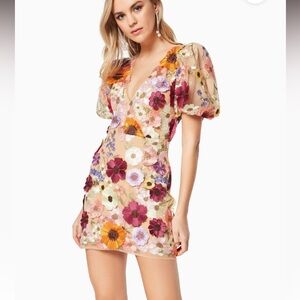 Elliatt Floral Embroidered Mini Dress in Nude with Multicolor Flowers